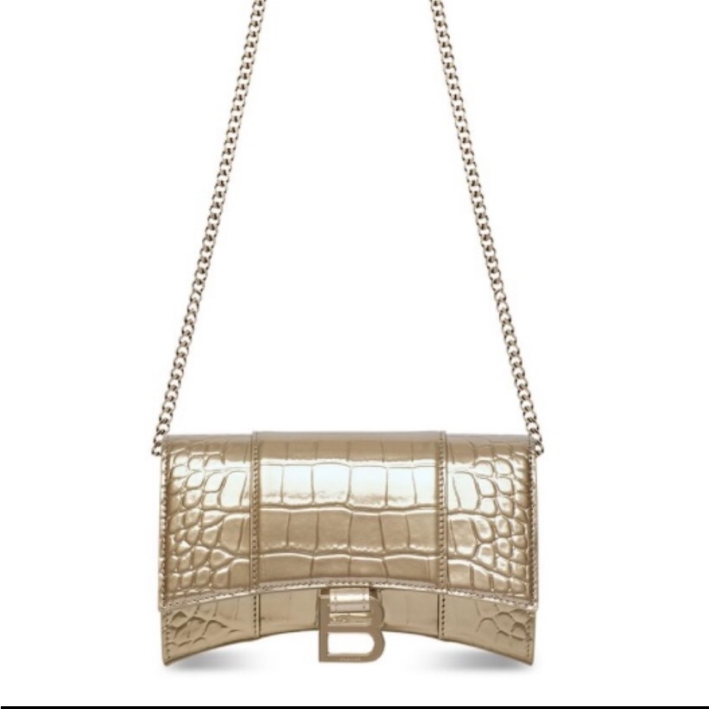 Balenciaga Hourglass Wallet on chain metallize crocodile embossed in gold.